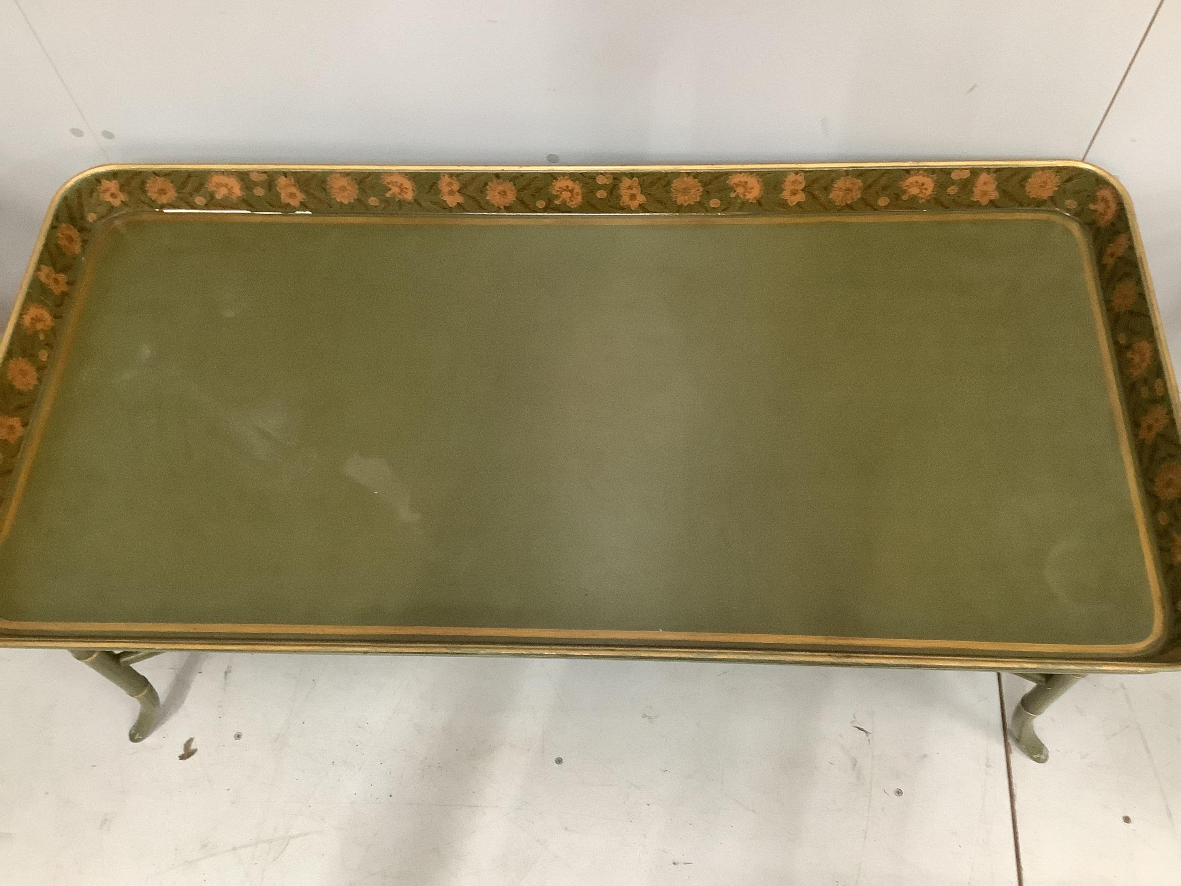 A set of three Regency style painted faux bamboo tray top occasional tables, largest width 126cm, depth 60cm, height 47cm. Condition - good